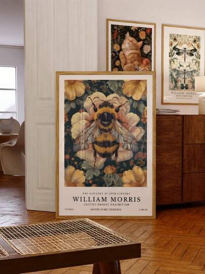 1pc Frameless William Morris Bee Art Print, Detailed Vintage Botanical Poster With Yellow Flowers & Leaves For Living Room, Bedroom, Dorm, Back To School, Funky Posters, Wall Prints, Room Decor Gift