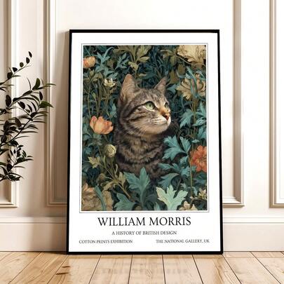 1幅无框威廉·莫里斯虎斑猫花卉艺术版画，复古植物猫咪海报，适用于客厅、卧室、宿舍、返校季、墙面装饰、房间装饰礼品