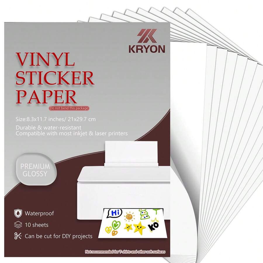 KRYON A4 10 Sheets Glossy White Printable Vinyl Sticker Paper - Water-Resistant Self-Adhesive Label Paper, Inkjet Printer Only, For DIY Labels, Decals & Crafts