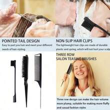 Comb And Brush Set; Pointed Tail Comb Double-Ended Eyebrow Brush; Makeup Brush; Hair Volumizing Large Bent Comb Ribbed Curling Comb Large Back Volumizing High Forehead Smoothing - Multicolor - View 4