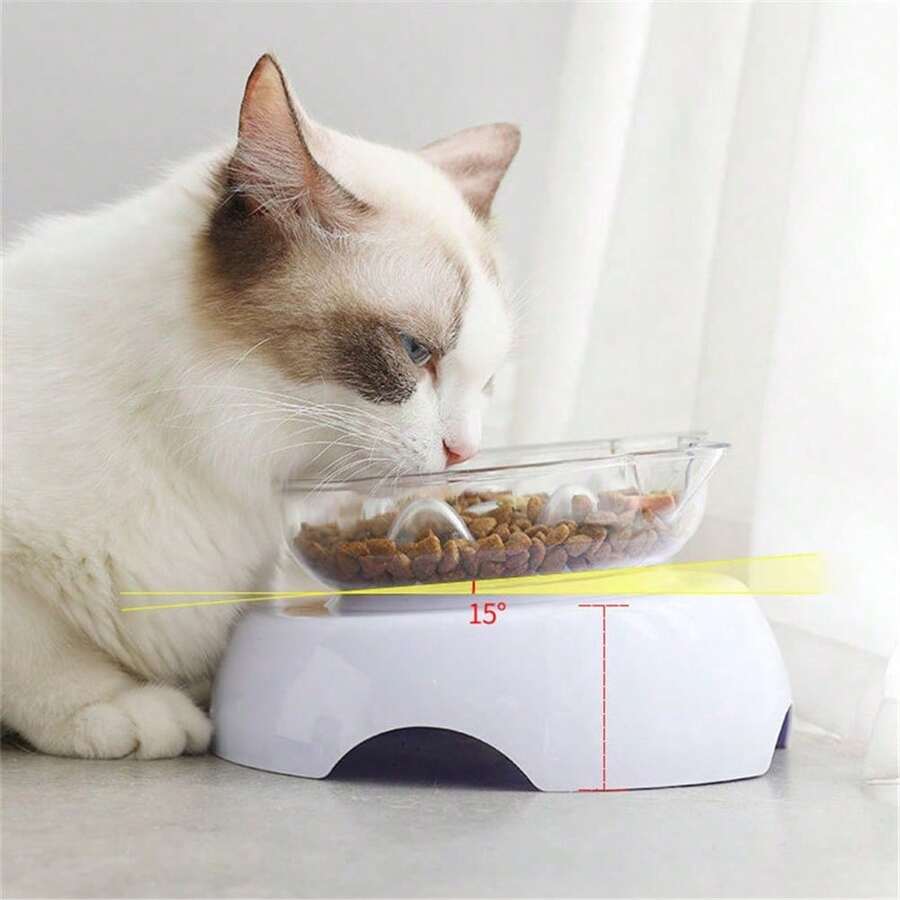 15° Tilted Transparent Plastic Cat Bowl, Cute Round Bottom Slanted Rim Single Pet Feeding Bowl
