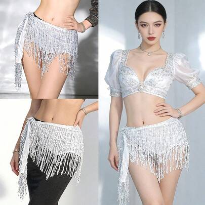 1pc Women's Belly Dance Sequin Waist Chain Tassel Waist Belt Chiffon Shawl Carnival Glitter Stage Dance Accessory