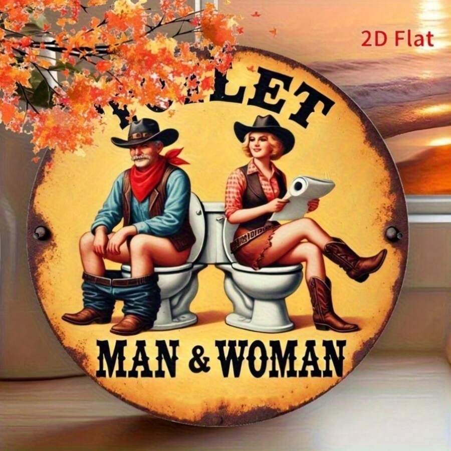2D Flat Metal Wall Art - 8"X8" Vintage Western Theme "Men's & Women's" With Cowboy And Cowgirl Illustration, Suitable For Country Decor In Bar, Cafe, Office And Bathroom, Unique Gift Idea, Cafe Decor | Vintage Western Design | Durable Metal Art, Western Wall Art, Random Hole Placement