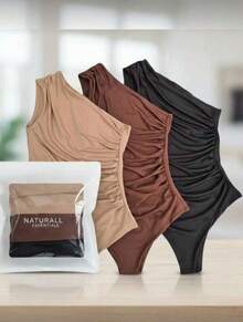 Set Of 2 Women's One-Shoulder Draped Bodysuits With No Sleeves And Side Gathering - Bori Moda 2026 - Brown-black - View 3