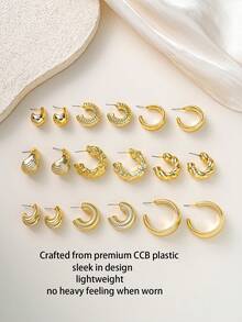 2-18pcs Luxury Chunky Twist Texture + Metal Embossed Faux Wood C-Shape Teardrop Earring Set, Suitable For Women's Daily & Party Wear, Includes 3D Textured Exaggerated C-Shape, Vintage Circle Earrings - Gold CCB Earrings Set - View 3