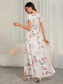 女士春夏优雅随机粉色碎花中长连衣裙 – 褶皱修身，休闲假日优雅风 - 杏色 - 查看 2