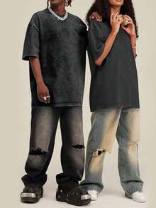 3 Pack, Men's, Vintage Washed, Oversized, Cotton, T Shirts, Loose Fit, Short Sleeve, Casual, Streetwear, Unisex, Tops.100% Cotton - 黑色+卡其色+藍色 - 查看 6