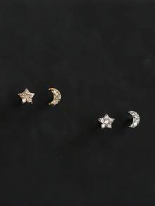 1对S925纯银简约清新不对称星月耳钉，镶嵌水钻，森林风格精致耳环，女士礼物 - 星月 - 查看 1