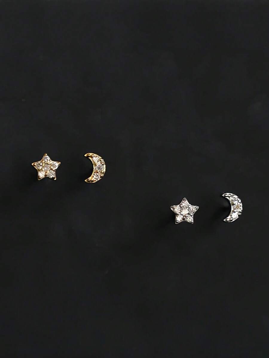 1对S925纯银简约清新不对称星月耳钉，镶嵌水钻，森林风格精致耳环，女士礼物 - 星月 - 查看 1