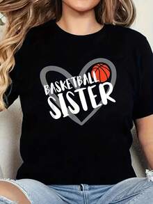S Basketball Sister Heart-Shaped Pattern Sleeve Featuring A Base With White Text And An Orange-Gray Heart Design. - 黑色27 - 查看 1