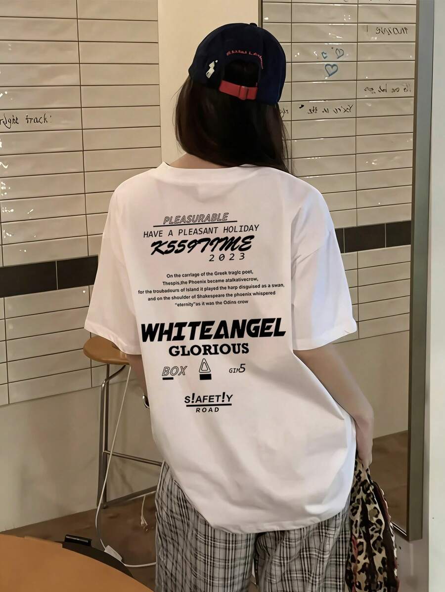 女士宽松圆领短袖字母卡通印花T恤，春夏款 - 白色 - 查看 1