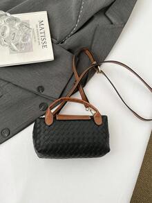 Women's Mini Handbag, Patchwork Color Block, Woven Texture, Crease Detail, Minimalist Shoulder Bag, Magnetic Snap Closure, Casual & Fashionable - Black - View 10