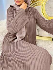 Vestido abaya plisado de unicolor para mujer, modesto - rosa marrón - Ver 2