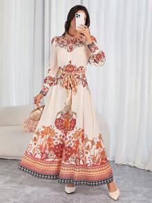 Women's Elegant Retro-Print Long-Sleeve Dress – Fitted Waist A-Line Silhouette, Ideal For Everyday Wear, Festive Parties & New Year's Celebrations - Apricot Orange - View 1