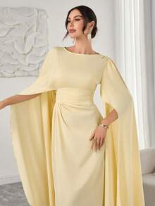 Women's Elegant French-Style Romantic Long Dress – Smooth Fabric, Pleated Details, Cinched Waist At Back, Flared Skirt, Long Sleeves & Slit Cuffs, Ideal For Afternoon Tea Gatherings, Parties & Middle Eastern-Inspired Occasions - Pale Yellow - View 4