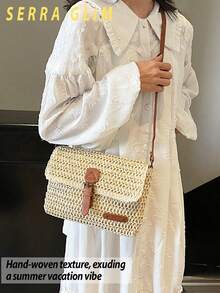 Retro-Chic Woven Tote Bag Beach Vacation Straw Crossbody Bag Summer Casual Messenger Bag Vintage Rustic Handbag Forest Cottagecore Handbag Inspired Woven Bag-Perfect For Beach Trips Vacations Commuting Parties Birthday Gifts Valentine's Day Gifts Mother's Day Gifts - 小號米白色 - 查看 4