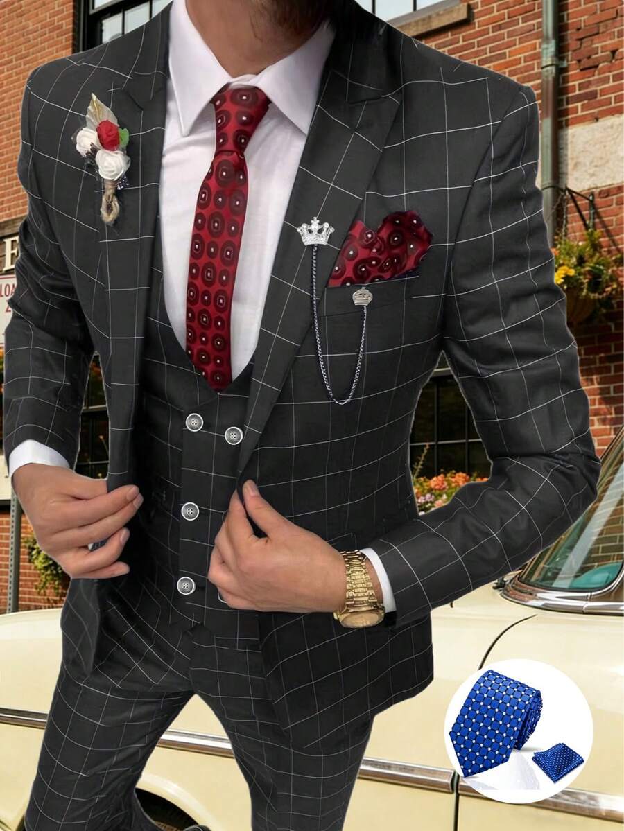 Mens Suit 4 Piece Suit Plaid Double Breasted Formal Business Wedding Prom Suit Male Groom, Blazer+Vest+Pant - Black with Tie - 查看 1