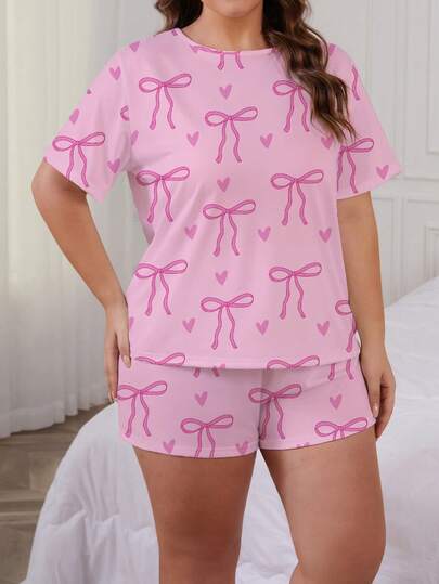 2pcs Minimalist Butterfly & Heart Print Pajama Set, Comfortable Short Sleeve Round Neck Pullover Shirt And Elastic Waist Shorts, Stylish For Outdoor And Indoor Wear, Suitable For All Seasons