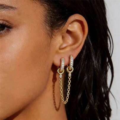 VKHK 1件创意闪亮锆石装饰链条耳环，适合女性日常及派对佩戴，礼品