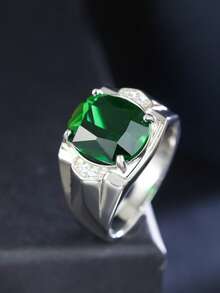 男士S925银宽戒，镶嵌人造红宝石，优雅时尚，斋月饰品，情人节礼物 - 銀色 - 查看 2