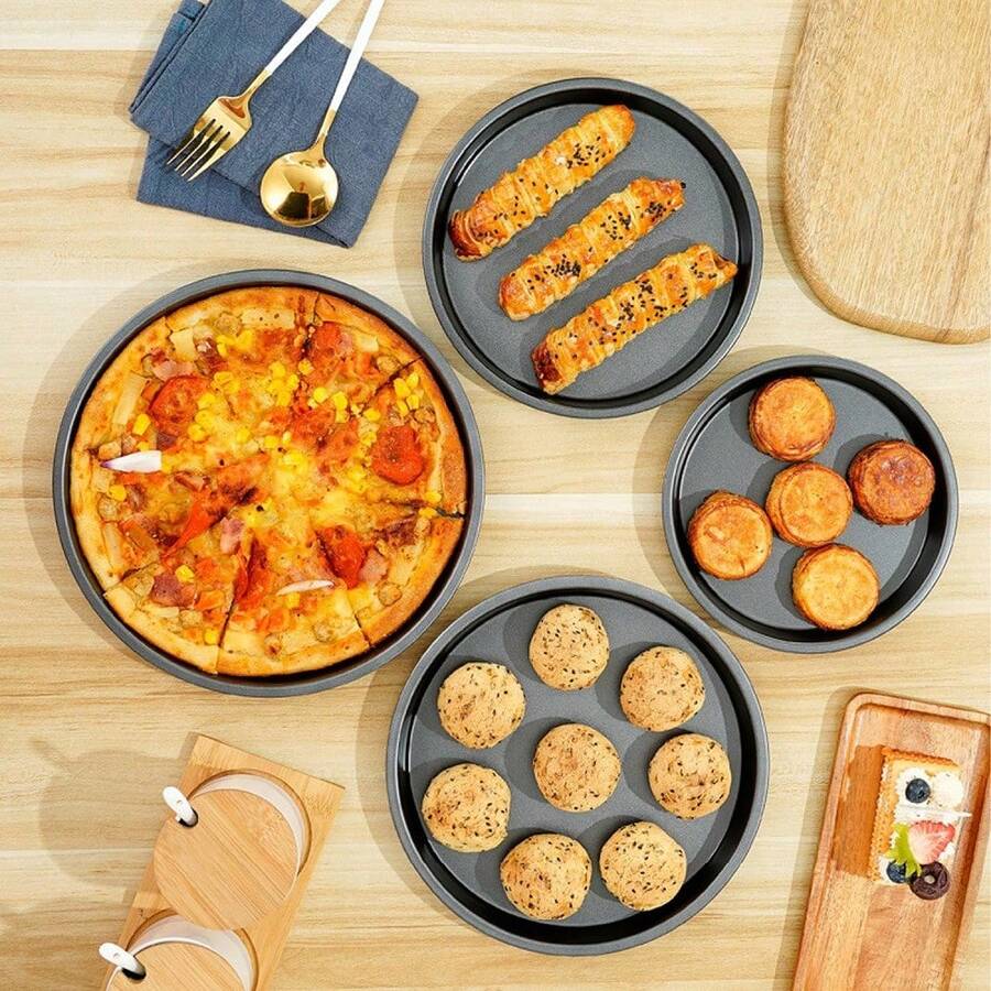 1-2个碳钢披萨烤盘，带不粘涂层，适用于家庭烘焙披萨、蛋糕、面包、烤肉和甜点，轻松满足各种烘焙需求。 - 彩色 - 查看 1