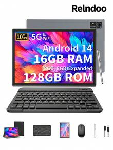 Relndoo Android Tablet, 2026 Android Pad, 10.1-Inch Tablet With Keyboard, 16GB RAM+128GB ROM, T606 8-Core CPU, 2.4G/5G Wi-Fi, 1280*800 HD Touchscreen, 5MP+8MP Dual Camera, Type-C Port, 6000mAh, Supports Up To 1TB SD Card Expansion, With Free Keyboard, Mouse, Pen, Protective Case And Protective Film, Android 14 Tablet, Pad (Without Adapter) - 黑色 - 查看 1