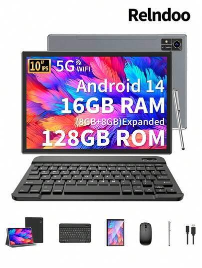 Relndoo Android-Tablet, 2026 Android Pad, 10,1-Zoll-Tablet mit Tastatur, 16 GB RAM + 128 GB ROM, T606 8-Core-CPU, 2,4G/5G Wi-Fi, 1280*800 HD-Touchscreen, 5 MP + 8 MP Dual-Kamera, Typ-C-Anschluss, 6000 mAh, unterstützt SD-Kartenerweiterung bis zu 1 TB, mit kostenloser Tastatur, Maus, Stift, Schutzhülle und Schutzfolie, Android 14 Tablet, Pad (ohne Adapter)