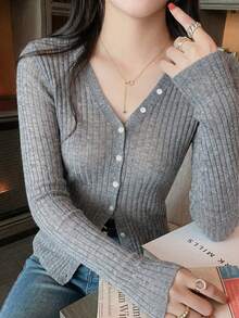 2026 Spring/Summer New Fashion Slim Fit V-Neck Grey Long Sleeve Knit Cardigan For Women - Grey - View 4