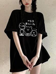 日系女式夏季宽松圆领短袖字母卡通印花T恤 - 黑色 - 查看 2