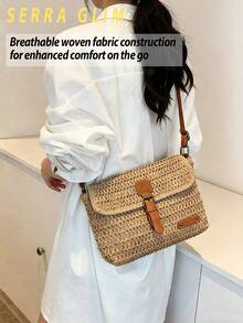 Retro-Chic Woven Tote Bag Beach Vacation Straw Crossbody Bag Summer Casual Messenger Bag Vintage Rustic Handbag Forest Cottagecore Handbag Inspired Woven Bag-Perfect For Beach Trips Vacations Commuting Parties Birthday Gifts Valentine's Day Gifts Mother's Day Gifts - 卡其色 - 查看 6