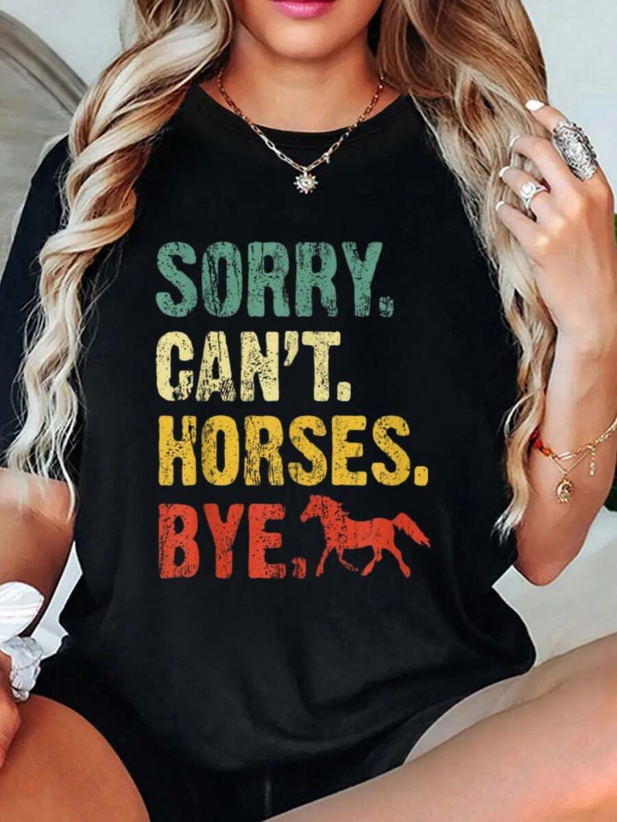 playeras de algodón mujer, Lo siento, no puedo, caballos, adió, camisetas vintage para montar a caballo, para mujeres y niñas. conjuntos de mujer tops - Negro - Ver 1