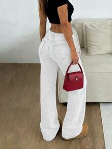 Europe And The United States Explosion Rivet Technology Simple Women's Denim Straight Pants, Fashion Wild Party Loose Denim Trousers, Party Commuting Daily Wear. - trắng - Xem 3