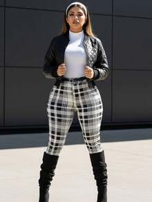 Butt Lift Stretchy Plaid Skinny Ankle Pants White & Black - Nhiều màu - Xem 3