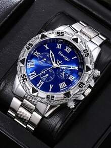 3PCS Luxury Business Men's Silver Watch Set, A Men's Quartz Watch Combination, Includes A Multifunctional Roman Numeral Quartz Watch, A Geometric Arrow Silver Necklace, And A Black Embossed PU Leather Wallet. - Silver - View 2