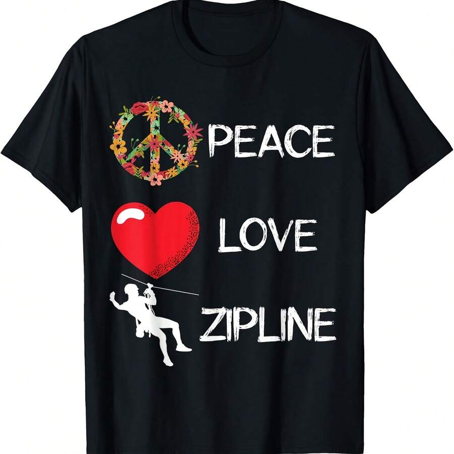 Camiseta de tirolesa Love Peace Zipline, tirolesa, líneas de cable, paseo en tirolesa - Negro 3 - Ver 1