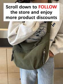 1 pieza Bolso de lona con media luna de pana de unicolor, bolso de lona plegable minimalista y ligero con múltiples bolsillos, cierre con cremallera, adecuado para estilo casual de verano, ir y venir, deportes, estilo universitario, estilo callejero y viajes - Verde - Ver 3