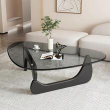 Mesa de centro de cristal para sala de estar, mesa de centro moderna de mediados de siglo, mesa de centro ovalada con base de madera maciza y cristal templado, mesa de centro pequeña para espacios reducidos, mesa de centro de cristal triangular única, mesas de cóctel abstractas - Negro/Gris - Ver 1