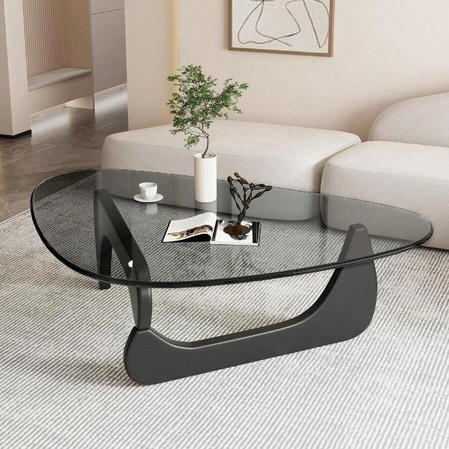 Mesa de centro de cristal para sala de estar, mesa de centro moderna de mediados de siglo, mesa de centro ovalada con base de madera maciza y cristal templado, mesa de centro pequeña para espacios reducidos, mesa de centro de cristal triangular única, mesas de cóctel abstractas - Negro/Gris - Ver 1