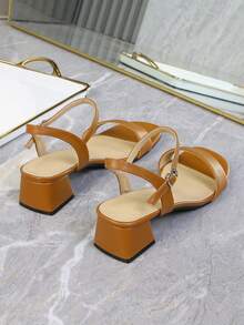Wide Strap Buckle Chunky Heel Sandals, French Style Mid-Heel Sandals For Plus Size Women, Open Toe Ankle Strap Classic High Heel Fashionable Sandals - Khaki - View 4