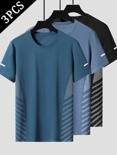 3pcs Men's Summer Short Sleeve T-Shirts, Crew Neck, Solid Color, Cooling, Breathable, Quick-Dry, Casual Tops