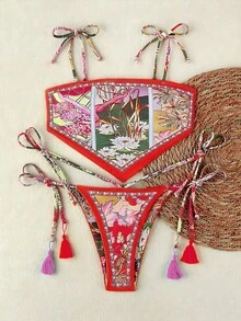 Bộ bikini buộc dây kiểu Bohemian mới, họa tiết hoa đỏ, đồ bơi thanh lịch, gợi cảm, thoải mái với họa tiết hoa rực rỡ và viền tương phản, bộ bikini dự tiệc đi biển. - Nhiều màu - Xem 2