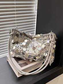 1pc Gold-Tone Glittery Crescent Moon Sha Pe PVC Shoulder Bag For Women - Silver - View 1