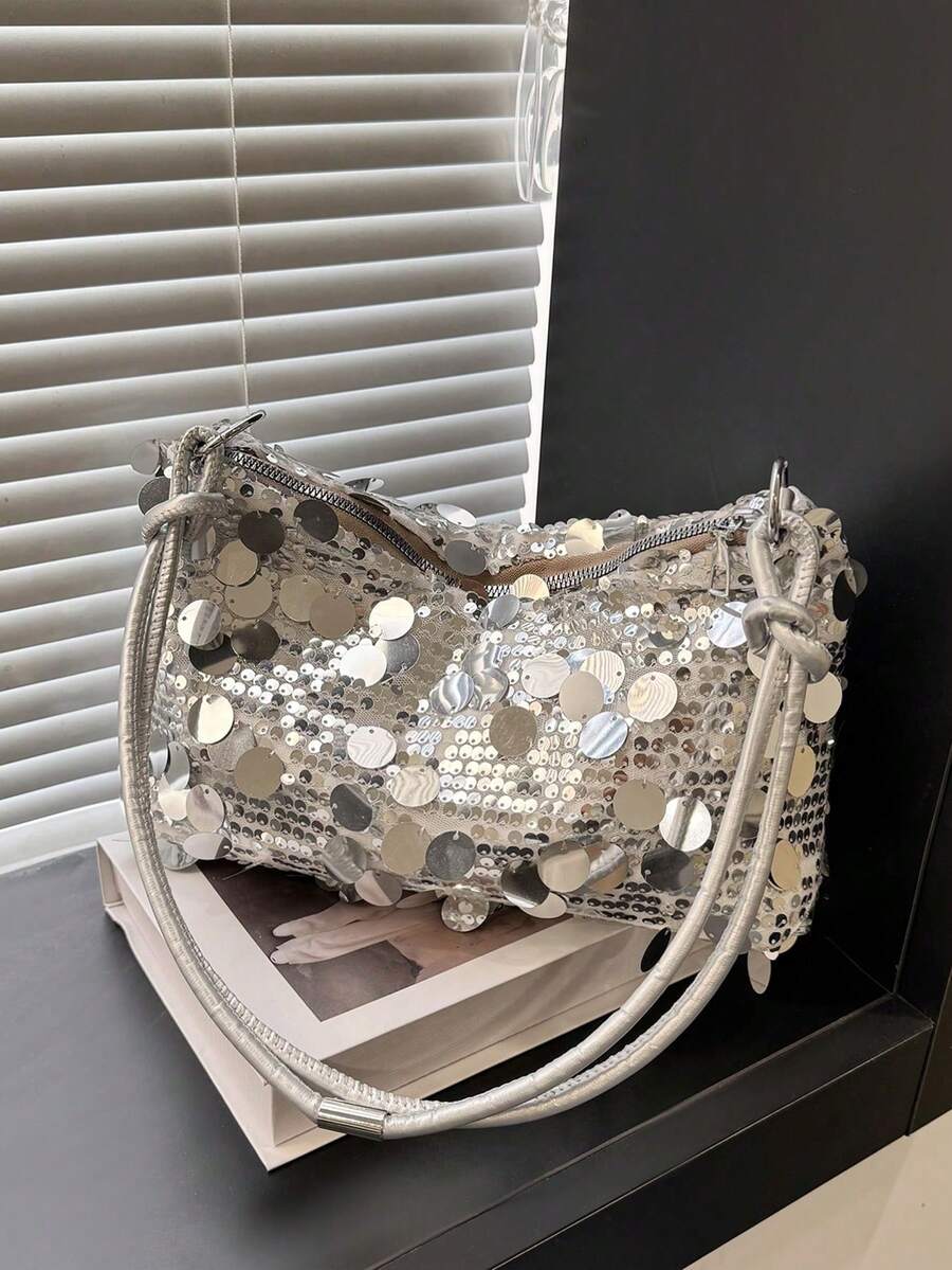 1pc Gold-Tone Glittery Crescent Moon Sha Pe PVC Shoulder Bag For Women - Silver - View 1