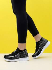 女士纯白色针织套脚运动鞋，休闲轻便透气舞蹈鞋 - 1864黑白 - 查看 3