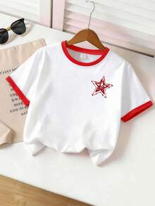 Girls' Round Neck T-Shirt & Shorts Set, Star Print Short Sleeve Tee & Shorts, Comfortable Minimalist Design, Suitable For Spring/Summer - Multicolor - View 3