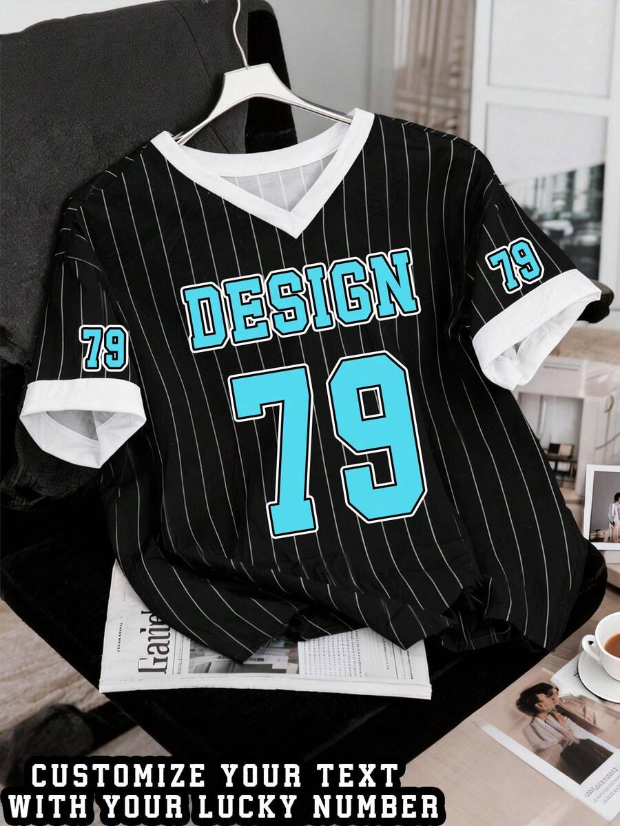 Men's Black Striped T-Shirt, Customizable With Text And Numbers, Front Printing, DIY Design - Black - View 1
