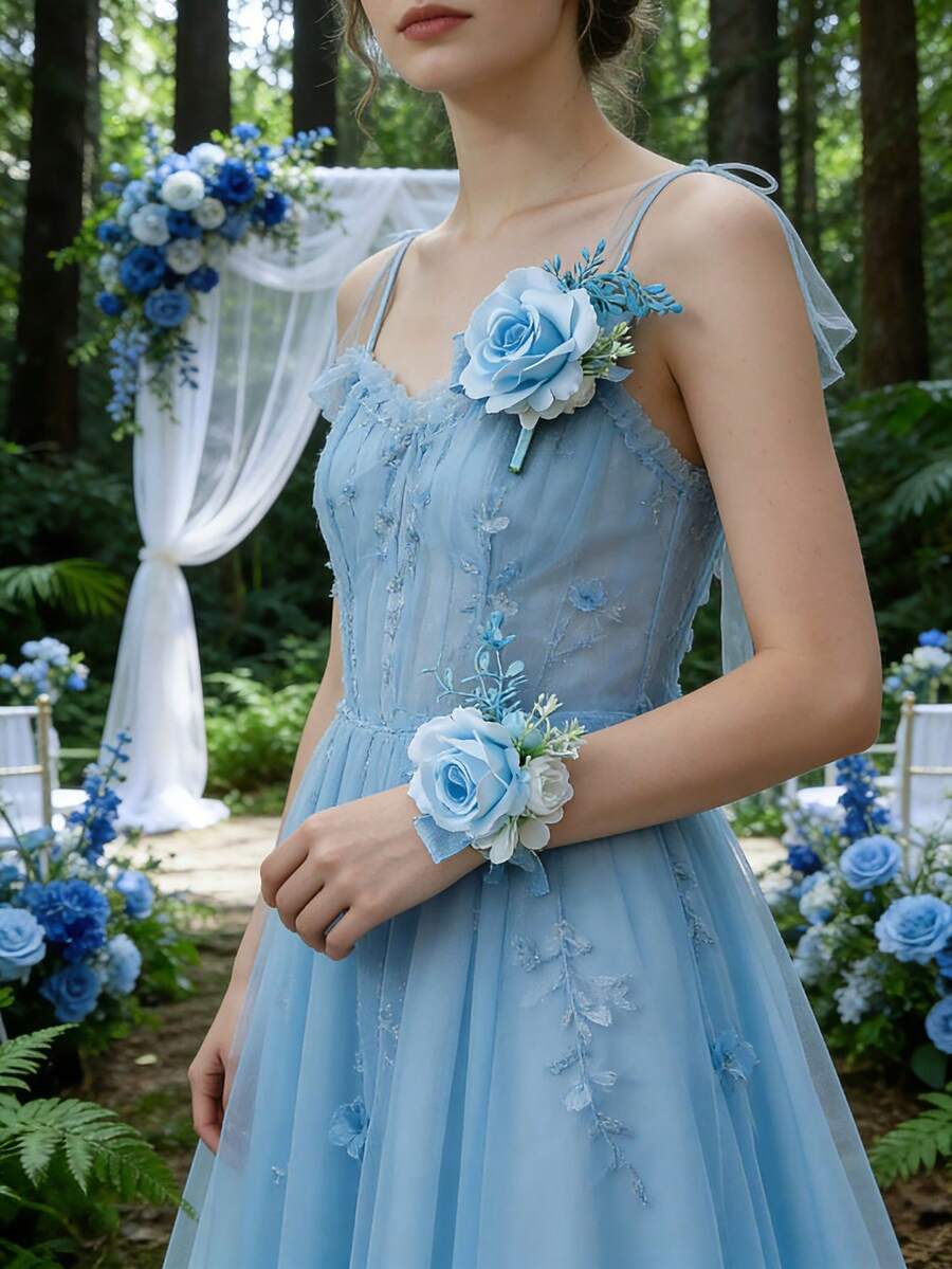 1件/2件/6件裝 藍色 Airen 玫瑰花配小茶苞，浪漫花卉胸針與手腕花飾，適合新娘、伴娘、新娘母親、母親 - 淺藍色 - 查看 1