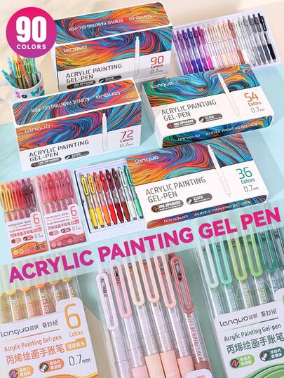 Acrylic Painting Pen Set With Push Button, Glass Water Cup, 6/36/54/72/90 Colors Marker Pens, High Precision 0.7mm Stainless Steel Tip, Smooth Ink Flow, Portable Push Button Design, High Cost-Performance Large Capacity Single Card Combination, Suitable For Artistic Painting, Anime, Comics, Glass, Paper, Wood, Cups And Multi-Material Painting With Strong 3D Effect