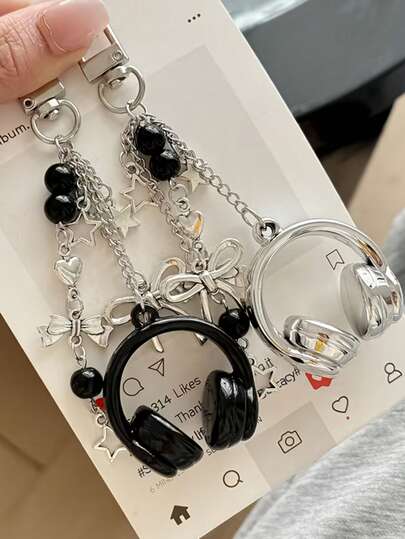 1 pieza/2 piezas Lindo y creativo auricular 3D con cuentas, viene con elegante pulsera de auriculares estilo Y2K, colgante con cuentas de estrella y lazo, adecuado para accesorios dulces, dije para bolso de teléfono, joyería de pareja con tema musical, colgante para cordón de teléfono, decoración de mochila, gran regalo para amigos/novias/familia