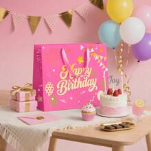 13" Black Birthday Gift Bag With Tissue Paper And Greeting Card, Happy Birthday Gift Bags For Party, Hot Foil Stamping Design Gift Wrap Bags Decor For Men, Women And Kids, 1 PCS, Medium Size - Dập nổi màu hồng - Xem 5